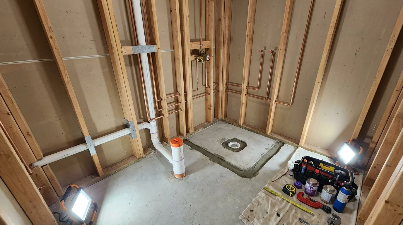 Bathroom rough-in plumbing during remodel by Johns Plumbing LLC in Tamaqua