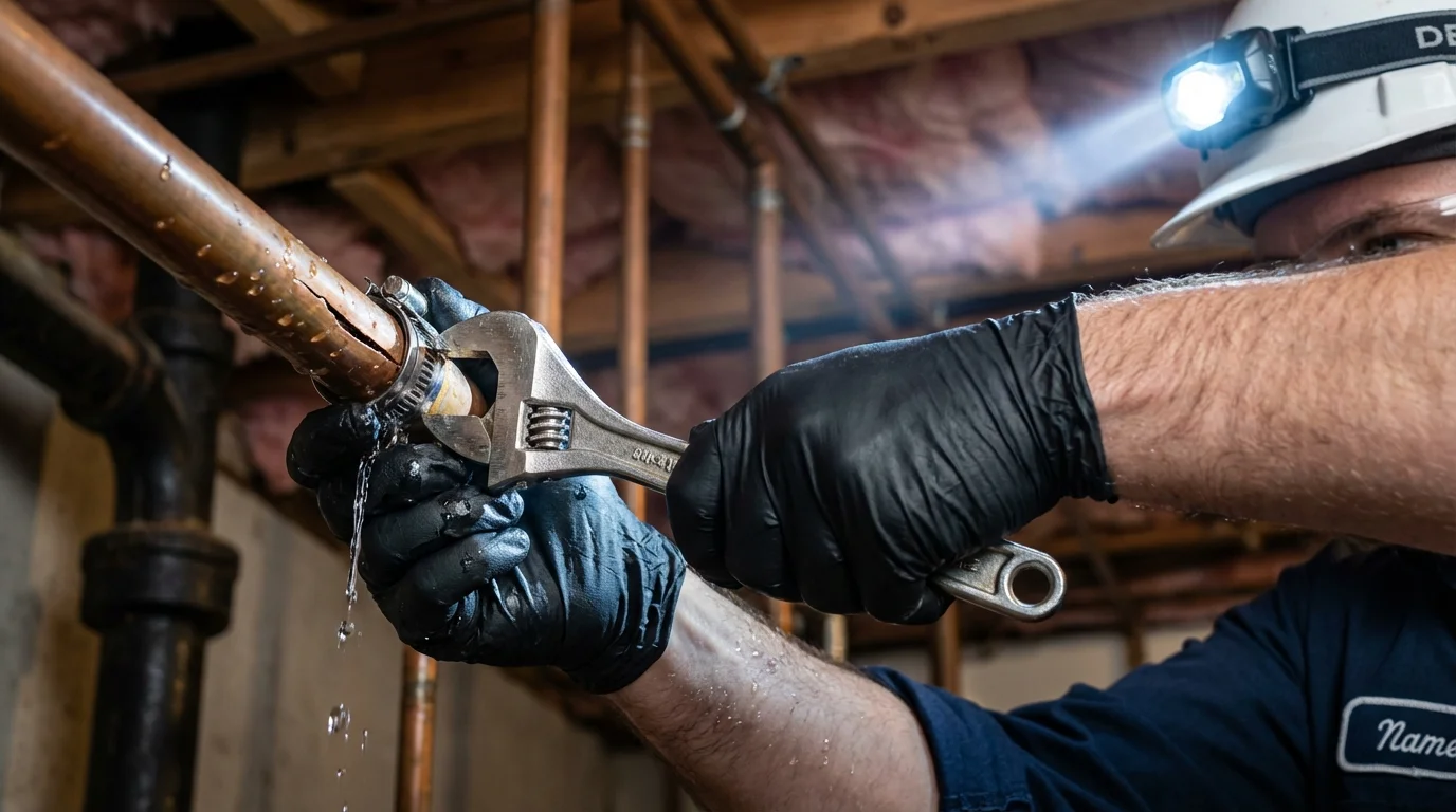Emergency pipe clamp repair being performed by a Johns Plumbing LLC plumber in Tamaqua