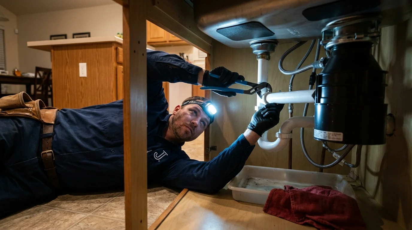 P-trap and supply line connections under a kitchen sink showing a common leak point in Tamaqua, PA